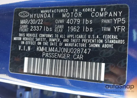 2022 Hyundai Elantra Hybrid Blue z USA, uszkodzony, nr VIN KMHLM4AJ0NU028747